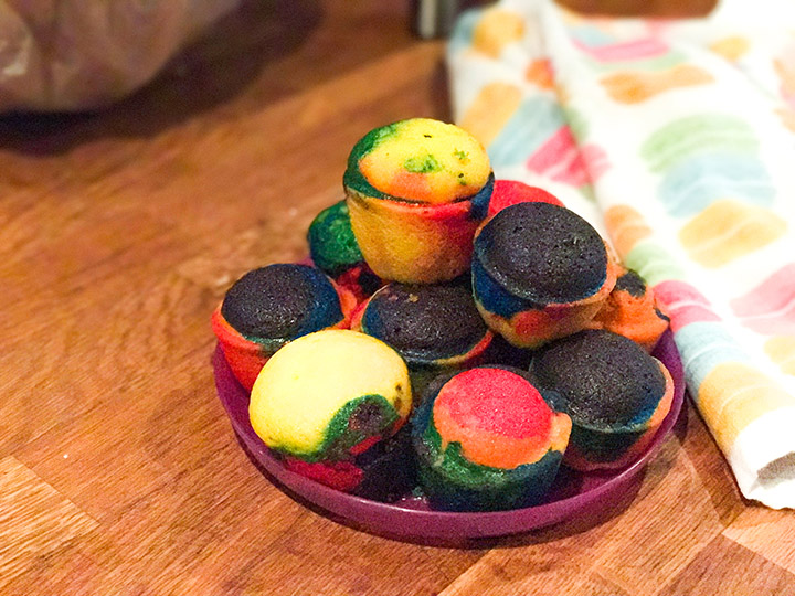 These rainbow cupcakes are perfectly moist and sweet in addition to being teaching tools for preschoolers. (Duff Tie-Dye Premium Cake Mix)