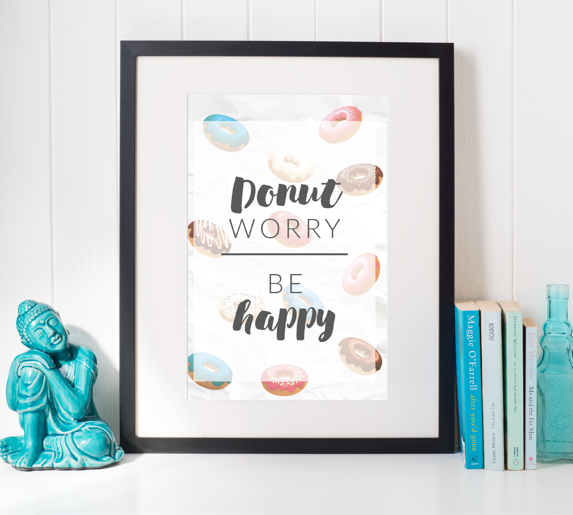 Free Printable Donut Worry Be Happy from @pinkimonogirl for a gallery wall